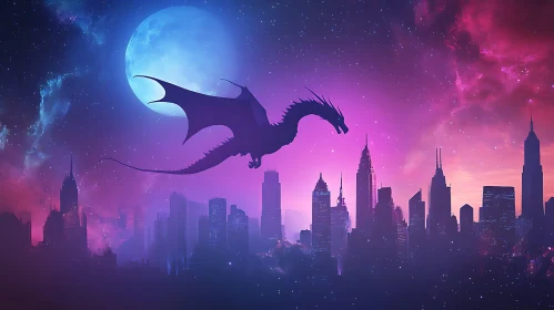 Fantasy Dragon Over Urban Skyline