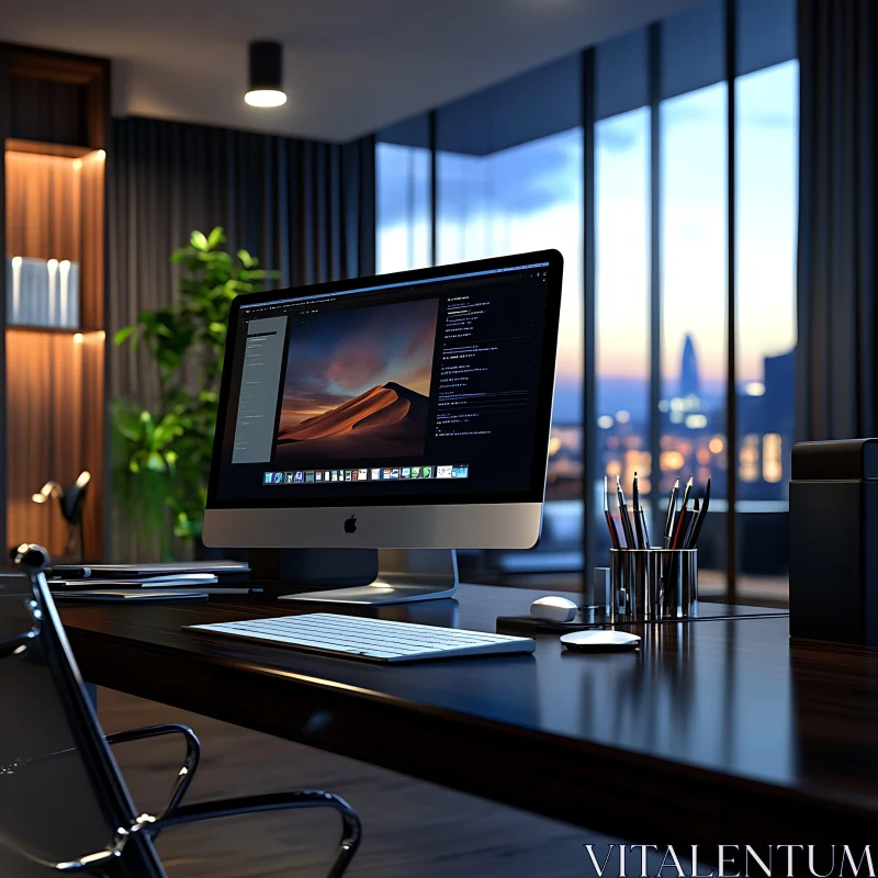 Contemporary Office Desk with Large Windows and Sunset View AI Image