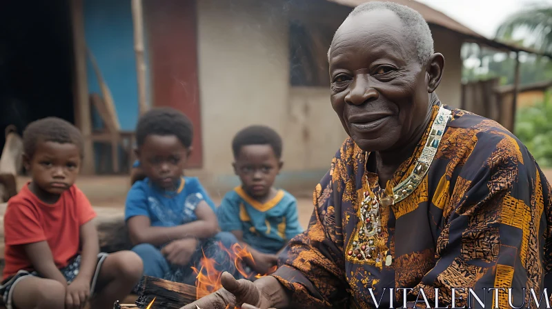 AI ART African Elder with Children by Fire