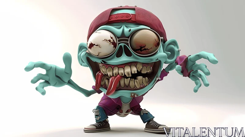 3D Rendered Cartoon Zombie with Red Hat and Purple Shirt AI Image