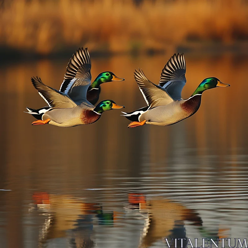 Mallards Flying Above the Lake AI Image