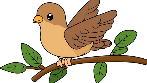 Cartoon Bird Perched on Tree Branch