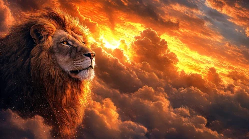 Regal Lion Portrait with Glowing Cloudscape