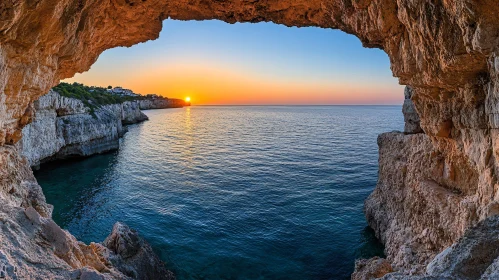 Serene Coastal Sunset Scene from Within a Cave