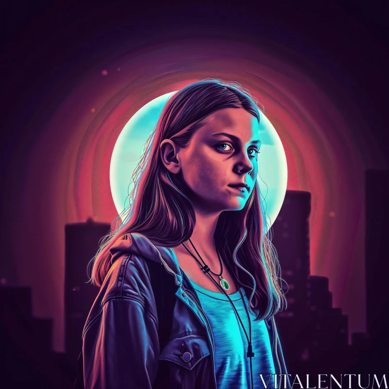 AI ART Neon Halo Portrait of Greta Thunberg