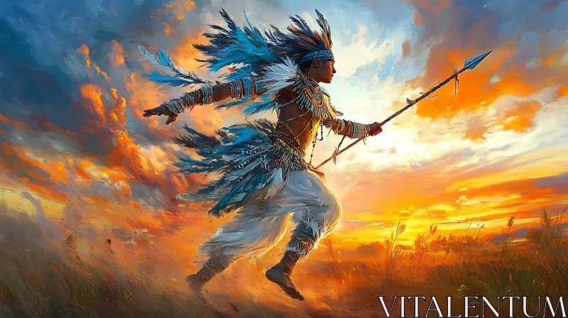 AI ART Indigenous Warrior at Sunset