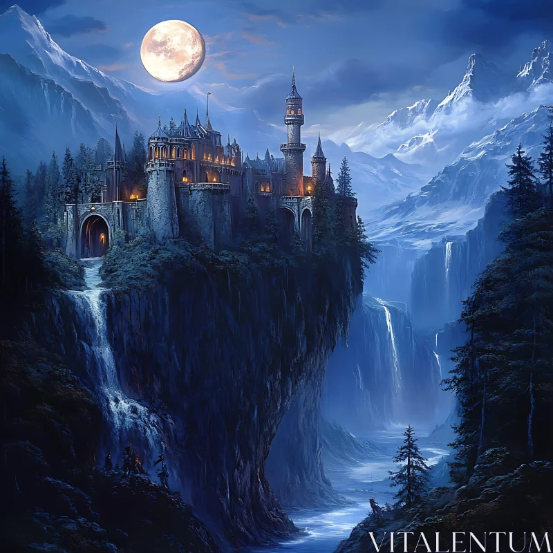 AI ART Moonlit Castle on Cliff with Waterfalls