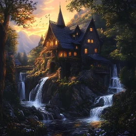 Fantasy House by the Waterfall