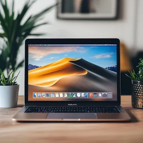 Sleek Laptop on Wooden Desk with Potted Plants