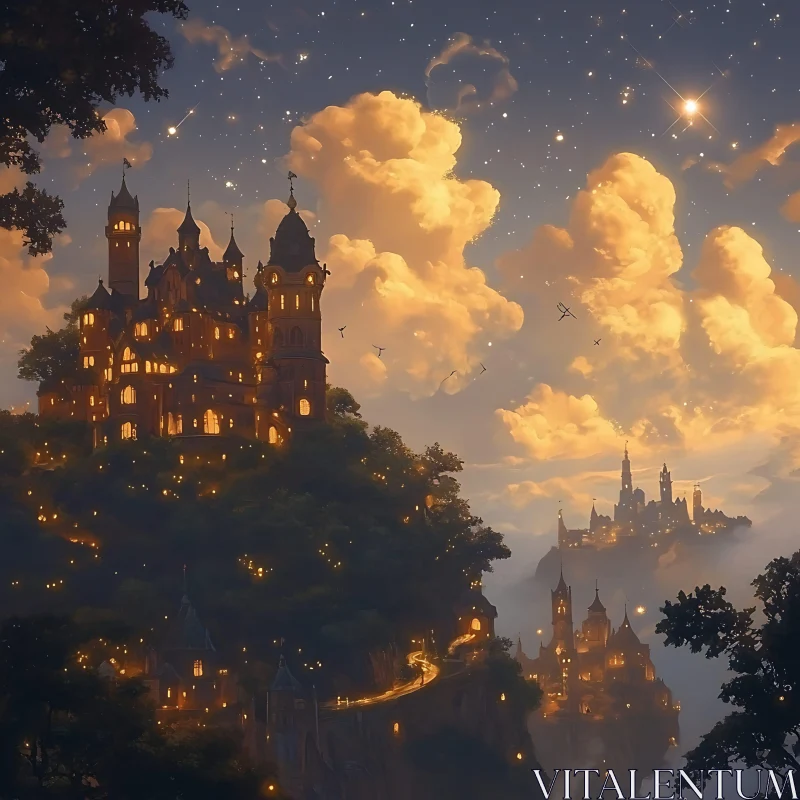 AI ART Nighttime Castle Above the Clouds