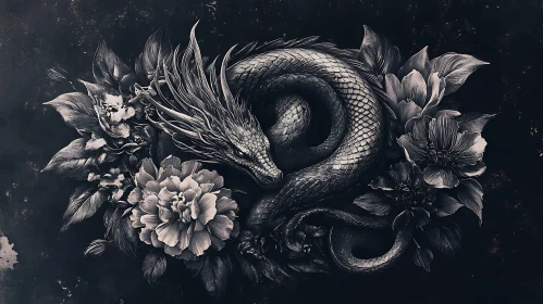 Dragon with Flowers Black and White