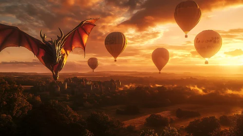 Fantasy Landscape with Dragon and Balloons