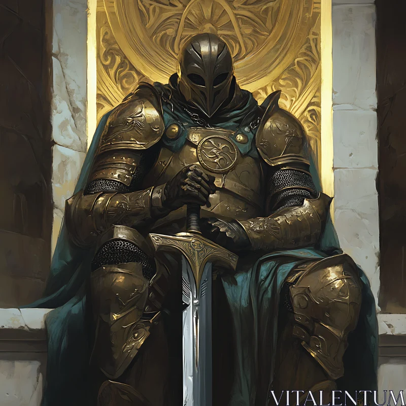 AI ART Armored Knight with Sword on Throne