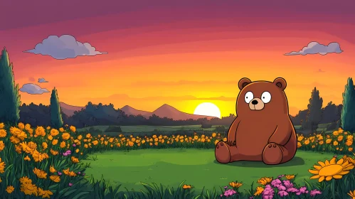 Serene Cartoon Bear at Sunset