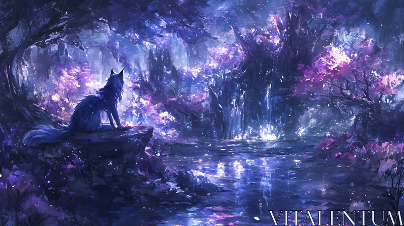 AI ART Mystical Wolf in Purple Forest