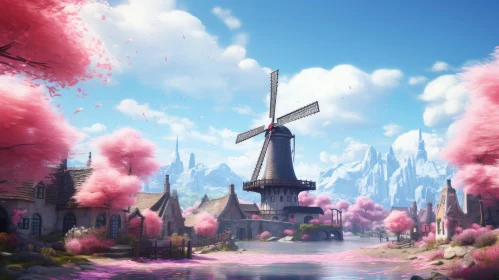 Anime Style Windmill in a Pink Landscape - Medieval Inspired Artwork