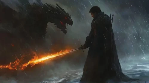 Fiery Sword Against Dragon in the Storm