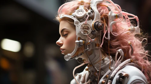 Captivating Futuristic Art: Pink-haired Woman in Mechanical Realism