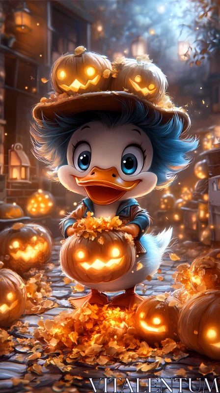 AI ART Whimsical Duck with Jack-o'-Lanterns