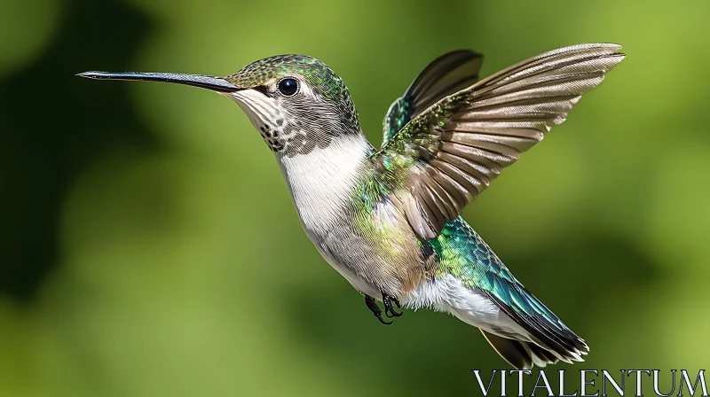 Hummingbird Hovering with Green Background AI Image