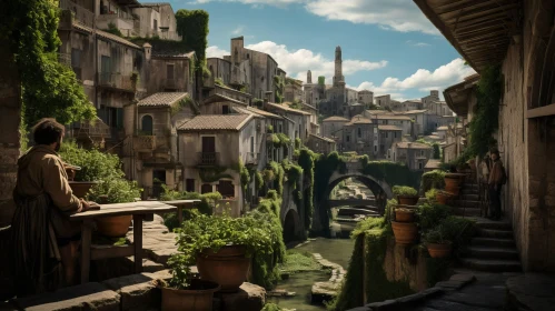 City Scene from a Window: Terraced Cityscape with a Serene Small River