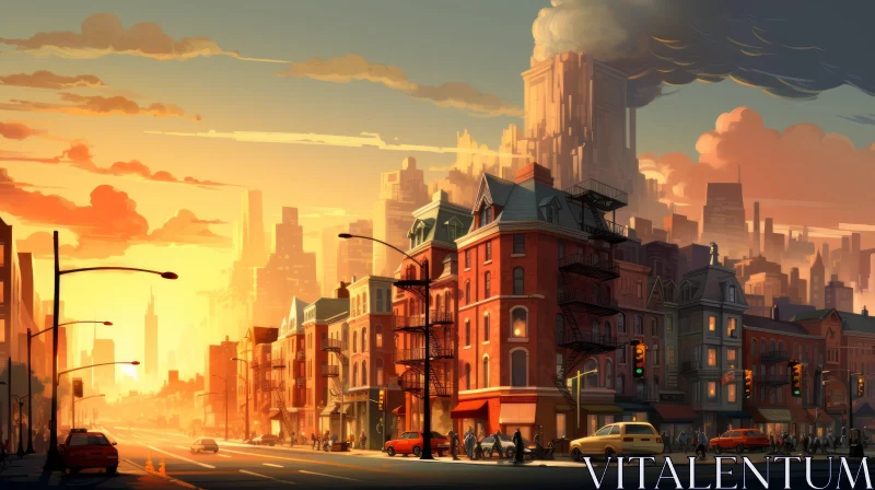 Cityscape Artwork: Captivating Sunset in a Vibrant City AI Image