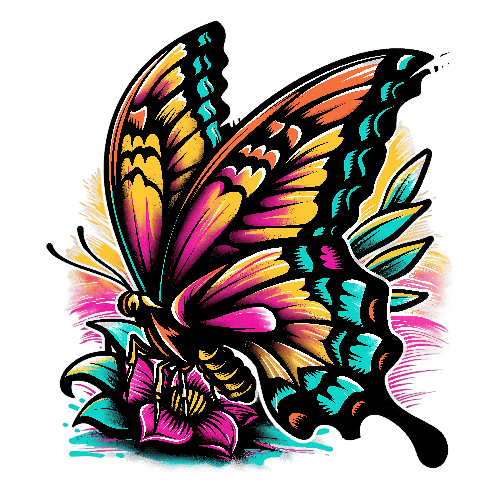 Colorful Cartoon Butterfly Perched on Flower - Digital Drawing POD Design