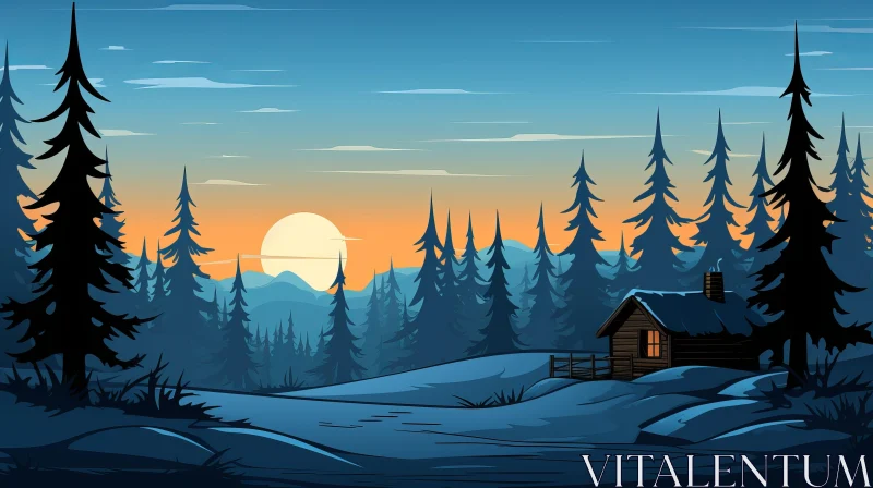 Cozy Cabin in the Snowy Mountains at Winter Sunset - Nature Illustration AI Image