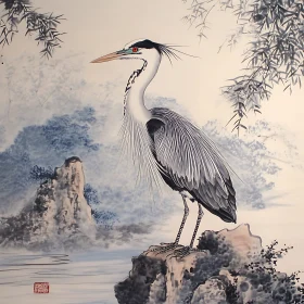 Heron on Rock - Asian Style Artwork