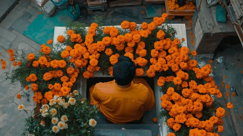 Person Amongst Marigolds: A Tranquil Moment