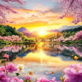 Sunset Reflections on a Blossoming Lake