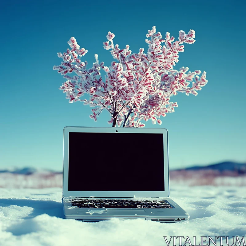 Laptop Amidst Snow and Frosty Branches AI Image