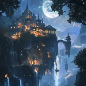 Cliffside Castle with Waterfalls and Moon