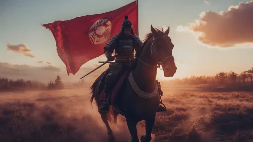 Equestrian Samurai with Red Flag