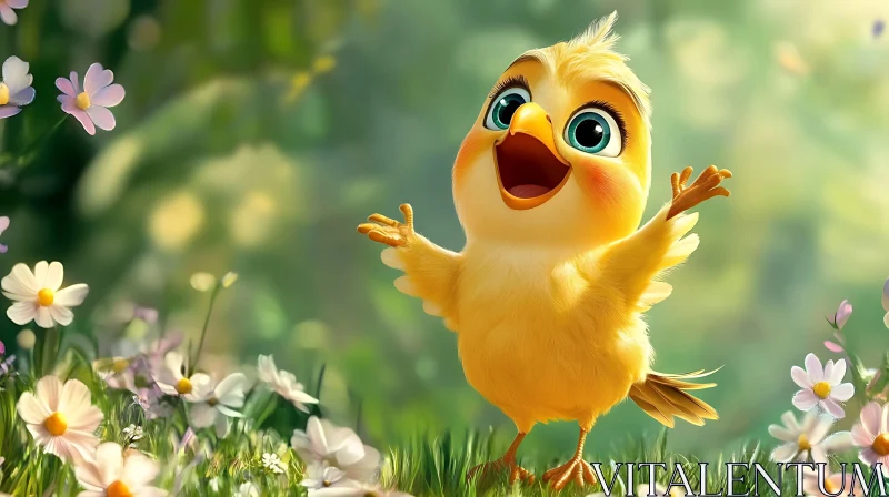 Joyful Bird Among Flowers AI Image