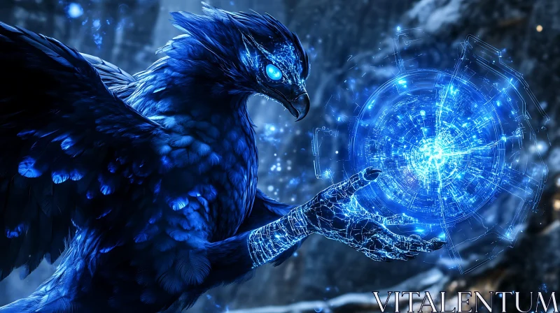 AI ART Blue Bird with Glowing Orb