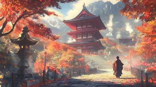 Japanese Temple in Autumn Landscape