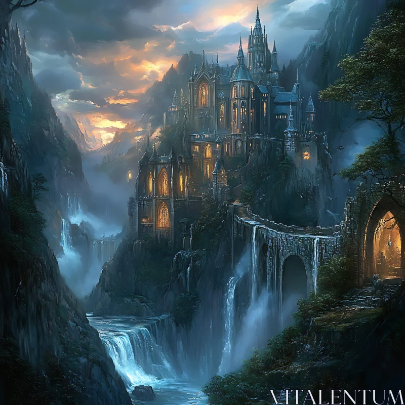 AI ART Fantasy Castle Above the Waterfall