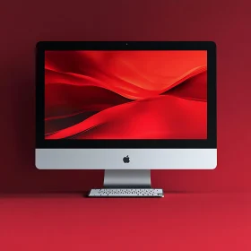 Modern Desktop Display with Red Wave Design