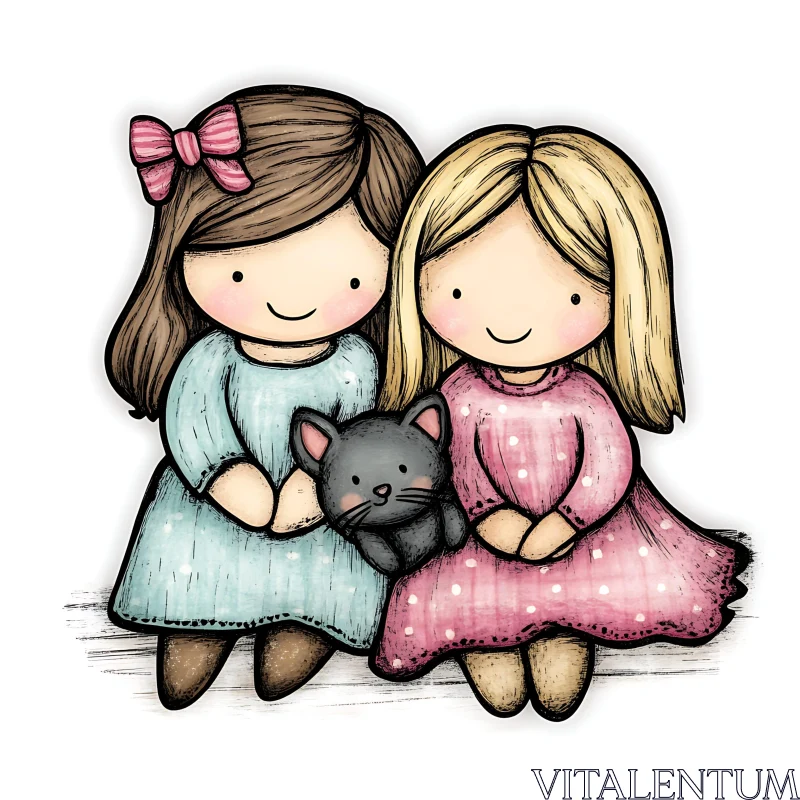 AI ART Cute Cartoon Girls and Kitten Illustration