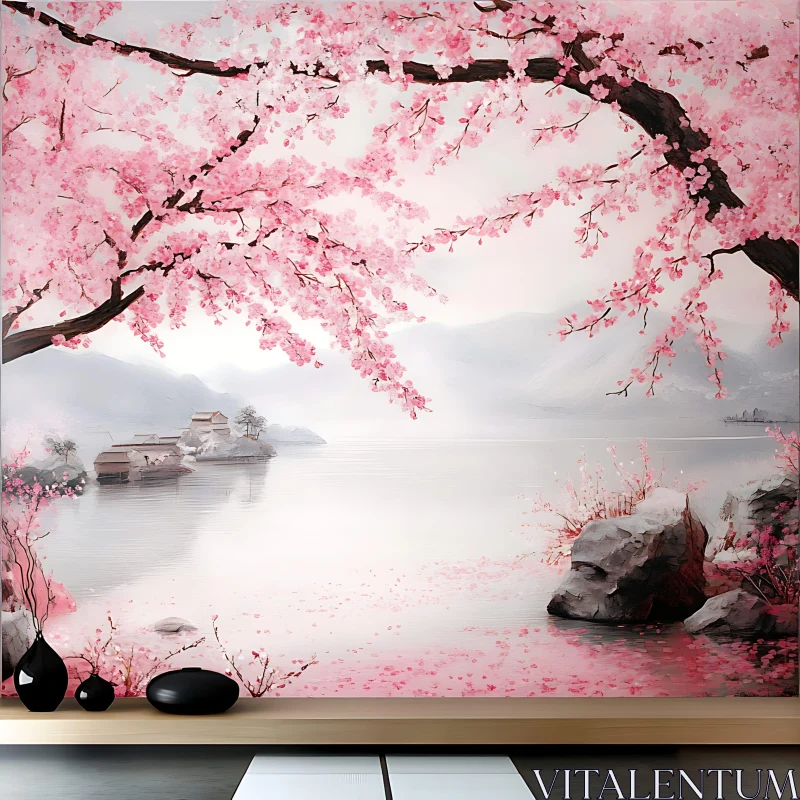 AI ART Misty Lake Framed by Pink Blossoms