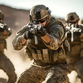 Military Squad Advancing in Arid Landscape
