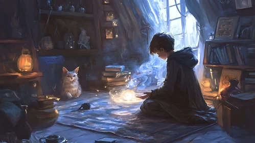 Magical Boy with Cat in Cozy Room