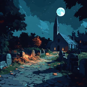 Nighttime Scene of Church and Graveyard