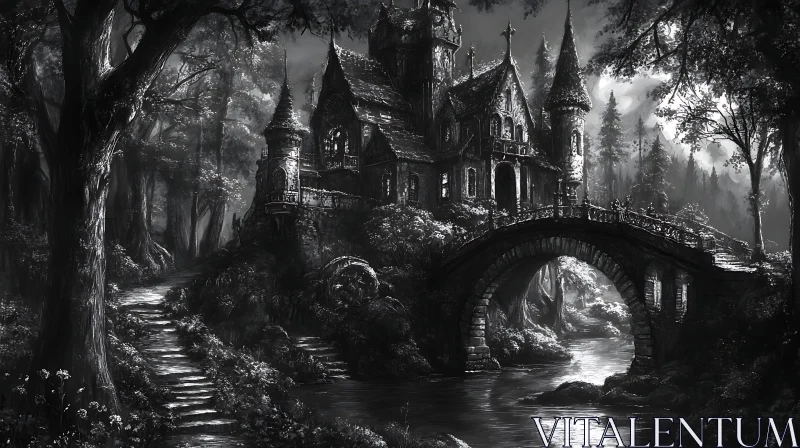 AI ART Dark Castle and Stone Bridge