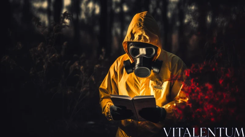 Enigmatic Yellow Gas Mask Man Reading a Book in Organic Biomorphism Style AI Image