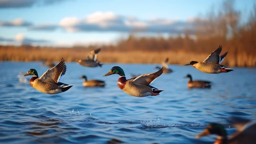 Mallards Take Flight Over Calm Lake