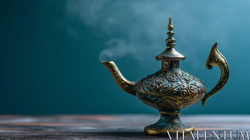 Intriguing Gold-Colored Metal Magic Lamp with Mysterious Patterns AI Image