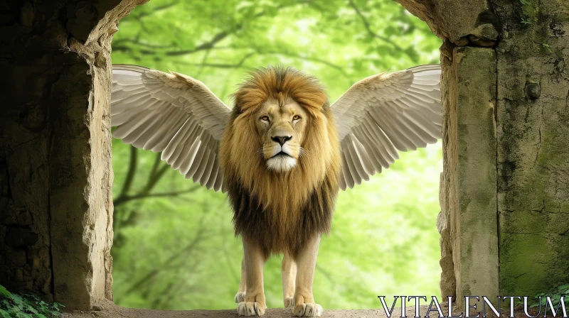 Majestic Lion with Wings in a Forest Archway AI Image