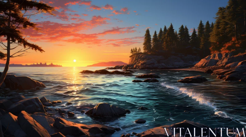 Ocean Shore Sunrise: A Detailed Illustration of Marine Beauty AI Image